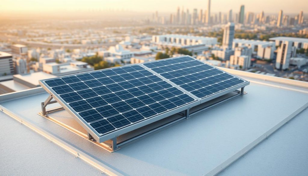 A detailed architectural illustration highlighting the integration of solar panels into a flat roof design, showcasing the concept of waterproofing and building integration. In the foreground, a sleek solar panel is depicted seamlessly placed on a modern rooftop, with visible waterproofing measures like specialized seals and membranes. The middle ground features an overview of the roof structure, showing layers including insulation and drainage systems. The background displays a city skyline, bathed in soft, natural morning light, emphasizing sustainability and innovation. The mood conveys professionalism and collaboration, suitable for a technical environment. Capture this scene from a slightly elevated angle, using a wide lens to provide depth and context.