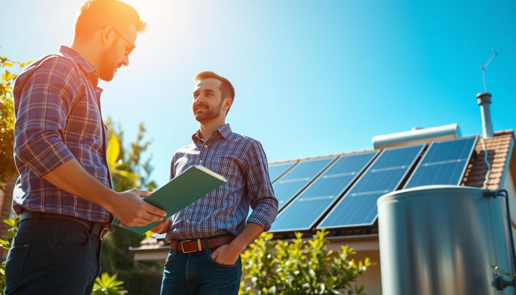 A detailed solar water heating installation scene, showcasing a modern house with solar thermal panels on the roof and a water tank in the backyard. In the foreground, include a professional technician in smart casual clothing examining the installation setup, holding a clipboard and discussing energy-saving benefits with a homeowner. In the middle ground, the sleek solar panels glisten under bright sunlight, surrounded by vibrant greenery. The background features a clear blue sky, emphasizing a sunny, eco-friendly environment. Lighting should be warm and natural, highlighting the efficiency and appeal of solar technology, captured from a slight upward angle to convey a sense of innovation and optimism. The mood is positive and informative, aiming to inspire readers about solar energy options.