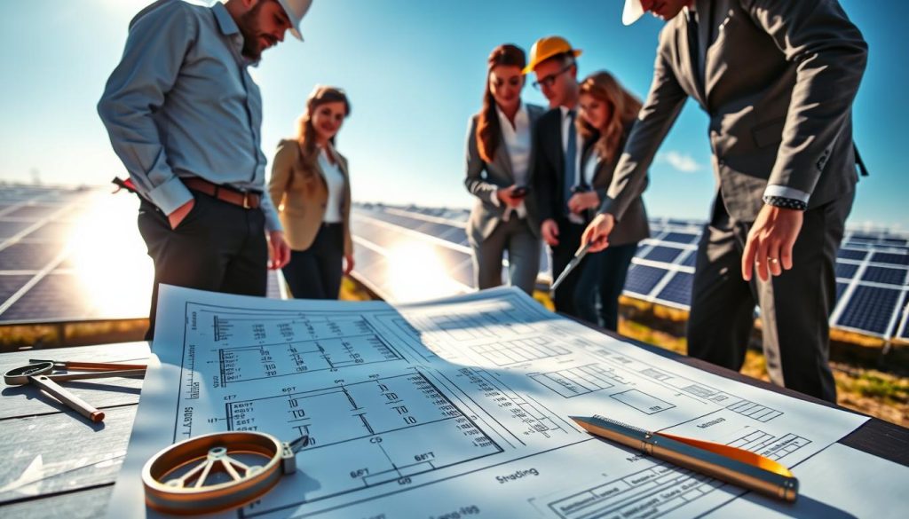 A detailed step-by-step guide for solar panel layout planning depicted in an outdoor setting. In the foreground, an architectural blueprint of solar panel arrangements, showing precise measurements and configurations on a table, surrounded by professional tools like a compass and measuring tape. In the middle ground, a diverse group of engineers and planners in business attire discussing the blueprint, pointing at specific sections while analyzing sunlight angles and shading. The background features a solar farm under a bright blue sky, with sunlight reflecting off the panels, enhancing the theme of optimization. The image is brightly lit, capturing an atmosphere of collaboration and innovation, emphasizing the importance of careful planning for efficiency and safety. A detailed step-by-step guide for solar panel layout planning depicted in an outdoor setting. In the foreground, an architectural blueprint of solar panel arrangements, showing precise measurements and configurations on a table, surrounded by professional tools like a compass and measuring tape. In the middle ground, a diverse group of engineers and planners in business attire discussing the blueprint, pointing at specific sections while analyzing sunlight angles and shading. The background features a solar farm under a bright blue sky, with sunlight reflecting off the panels, enhancing the theme of optimization. The image is brightly lit, capturing an atmosphere of collaboration and innovation, emphasizing the importance of careful planning for efficiency and safety.