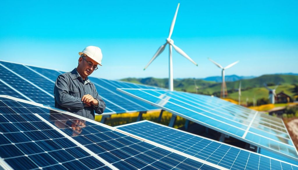 A modern, high-quality renewable energy installation, featuring sleek solar panels and a wind turbine, set in a picturesque landscape. In the foreground, include a professional engineer in business attire inspecting the equipment, showcasing expertise and attention to detail. In the middle ground, display the solar panels glistening under bright, natural sunlight, with a wind turbine gently rotating against a clear blue sky. In the background, depict rolling green hills and a blue horizon, conveying a sense of harmony with nature. The lighting should be bright and inviting, emphasizing the quality and reliability of the materials used. Create a clean, professional atmosphere that reflects innovation and sustainable energy solutions.