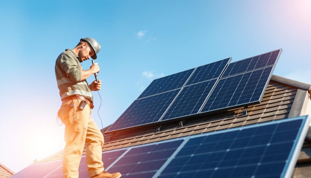 A modern rooftop scene showcasing solar panel installation, featuring several sleek, black Maxeon 6 AC 425 solar panels mounted securely on a sloped, contemporary roof. In the foreground, a professional technician dressed in casual work attire examines the installation, using tools to ensure optimal placement. The middle ground includes additional panels in various stages of installation, highlighting attention to detail and alignment with roofing criteria. The background reveals a clear blue sky with soft sunlight illuminating the scene, creating a warm, inviting atmosphere. Capture the image from an angle that emphasizes the roof's architecture while showing the efficiency of solar technology integrated harmoniously into residential design.