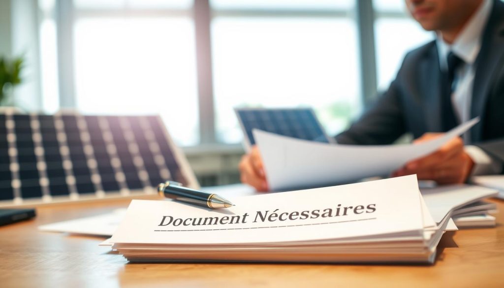 A neatly arranged desktop scene highlighting essential documents for a photovoltaic contract. In the foreground, a stack of official papers labeled "Documents Nécessaires" with an elegant pen resting on top. A professional businessperson, dressed in a smart suit, is reviewing the paperwork, focused and engaged. In the middle ground, a solar panel can be seen partially visible, symbolizing the renewable energy aspect of the contract. The background features a soft-focus window with natural light streaming in, lending a bright and optimistic atmosphere. The overall mood conveys a sense of professionalism and diligence, suitable for practical steps in contract subscription. The image should be captured from a slight angle to provide depth and maintain clarity on the documents without distractions. A neatly arranged desktop scene highlighting essential documents for a photovoltaic contract. In the foreground, a stack of official papers labeled "Documents Nécessaires" with an elegant pen resting on top. A professional businessperson, dressed in a smart suit, is reviewing the paperwork, focused and engaged. In the middle ground, a solar panel can be seen partially visible, symbolizing the renewable energy aspect of the contract. The background features a soft-focus window with natural light streaming in, lending a bright and optimistic atmosphere. The overall mood conveys a sense of professionalism and diligence, suitable for practical steps in contract subscription. The image should be captured from a slight angle to provide depth and maintain clarity on the documents without distractions.