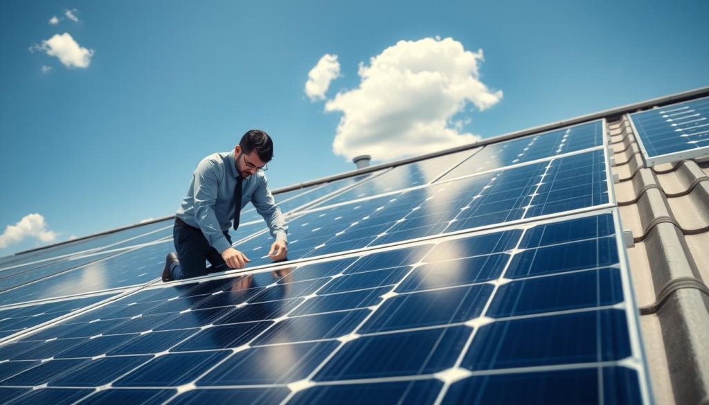 A professional installation of solar panels on a flat roof, showcasing meticulous waterproofing techniques. In the foreground, a technician in business attire carefully inspects the waterproofing materials, ensuring a perfect seal around the solar panel edges. The middle ground features the solar panels installed with a focus on high-quality connectors and sealing methods. In the background, a blue sky with a few fluffy white clouds, indicating a sunny day. The lighting is bright and natural, emphasizing the sleek design of the panels. The angle captures the roof's slant for perspective, creating a mood of professionalism and attention to detail in renewable energy installations. The composition is clear and informative, conveying the importance of achieving perfect waterproofing during solar panel installation.