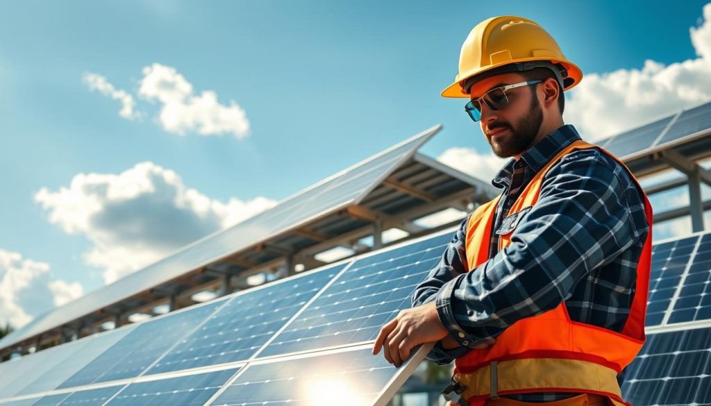 A professional installation site showcasing high-quality materials in a solar energy context. In the foreground, a technician in a hard hat and safety gear inspects solar panels, reflecting dedication to quality. The middle layer displays an array of solar panels installed on a robust framework, gleaming under soft sunlight, highlighting reliability. In the background, a clear blue sky with fluffy clouds creates an optimistic atmosphere. The sunlight casts dynamic shadows, enhancing textures of the materials. The composition uses a wide-angle lens to capture the expanse of the installation, with a balanced light that emphasizes the professionalism and care taken in the setup. The overall mood is one of trust and assurance, emphasizing the commitment to excellence. A professional installation site showcasing high-quality materials in a solar energy context. In the foreground, a technician in a hard hat and safety gear inspects solar panels, reflecting dedication to quality. The middle layer displays an array of solar panels installed on a robust framework, gleaming under soft sunlight, highlighting reliability. In the background, a clear blue sky with fluffy clouds creates an optimistic atmosphere. The sunlight casts dynamic shadows, enhancing textures of the materials. The composition uses a wide-angle lens to capture the expanse of the installation, with a balanced light that emphasizes the professionalism and care taken in the setup. The overall mood is one of trust and assurance, emphasizing the commitment to excellence.