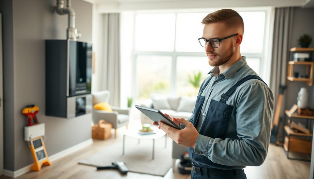 A professional technician inspecting a modern home environment, focusing on a sleek boiler and heating system, emphasizing a sense of reliability. In the foreground, the technician, dressed in a smart uniform, holds a tablet, reviewing service details. The middle ground features the home’s living space, showcasing comfortable furniture with a warm, inviting ambiance, illuminated by soft, natural lighting coming through large windows. In the background, tools and equipment are neatly arranged, symbolizing readiness and expertise in home maintenance. The mood is reassuring, reflecting trust and professionalism, with a clean and organized atmosphere that conveys the concept of home assistance and repair services without any distractions. A professional technician inspecting a modern home environment, focusing on a sleek boiler and heating system, emphasizing a sense of reliability. In the foreground, the technician, dressed in a smart uniform, holds a tablet, reviewing service details. The middle ground features the home’s living space, showcasing comfortable furniture with a warm, inviting ambiance, illuminated by soft, natural lighting coming through large windows. In the background, tools and equipment are neatly arranged, symbolizing readiness and expertise in home maintenance. The mood is reassuring, reflecting trust and professionalism, with a clean and organized atmosphere that conveys the concept of home assistance and repair services without any distractions.