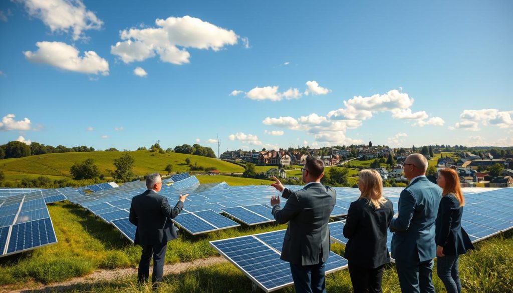 A serene landscape featuring a collective photovoltaic solar panel installation on a gently sloping hill, surrounded by lush greenery. In the foreground, a diverse group of professionals in smart business attire is engaged in discussion, pointing towards the panels with expressions of interest and collaboration. The middle ground showcases rows of shining solar panels catching the sunlight, reflecting the clear blue sky. In the background, a tranquil, small town with modern architecture is subtly integrated, emphasizing sustainability. Soft, natural lighting enhances the scene, with warm sunlight filtering through scattered clouds, creating an optimistic and innovative atmosphere. The overall mood conveys progress and community involvement in renewable energy initiatives, ideal for illustrating the advancements in collective self-consumption in photovoltaics. A serene landscape featuring a collective photovoltaic solar panel installation on a gently sloping hill, surrounded by lush greenery. In the foreground, a diverse group of professionals in smart business attire is engaged in discussion, pointing towards the panels with expressions of interest and collaboration. The middle ground showcases rows of shining solar panels catching the sunlight, reflecting the clear blue sky. In the background, a tranquil, small town with modern architecture is subtly integrated, emphasizing sustainability. Soft, natural lighting enhances the scene, with warm sunlight filtering through scattered clouds, creating an optimistic and innovative atmosphere. The overall mood conveys progress and community involvement in renewable energy initiatives, ideal for illustrating the advancements in collective self-consumption in photovoltaics.