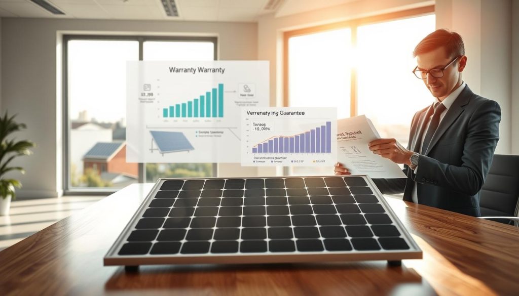 A serene, modern office space bathed in soft, natural light, showcasing a sleek, stylish solar panel on a polished wooden desk. In the foreground, a professional business person wearing smart attire is examining the warranty documents, their expression focused and assured. On the middle ground, a digital display screen shows an animated chart, illustrating performance metrics and guarantee details for solar panels, emphasizing reliability and customer satisfaction. The background features large windows revealing a bright, sunny outdoor view with additional solar panels mounted on rooftops, symbolizing renewable energy solutions. The atmosphere is positive and professional, highlighting commitment to quality service and customer care in renewable energy technologies. The overall composition should convey trust and innovation in renewable solutions. A serene, modern office space bathed in soft, natural light, showcasing a sleek, stylish solar panel on a polished wooden desk. In the foreground, a professional business person wearing smart attire is examining the warranty documents, their expression focused and assured. On the middle ground, a digital display screen shows an animated chart, illustrating performance metrics and guarantee details for solar panels, emphasizing reliability and customer satisfaction. The background features large windows revealing a bright, sunny outdoor view with additional solar panels mounted on rooftops, symbolizing renewable energy solutions. The atmosphere is positive and professional, highlighting commitment to quality service and customer care in renewable energy technologies. The overall composition should convey trust and innovation in renewable solutions.