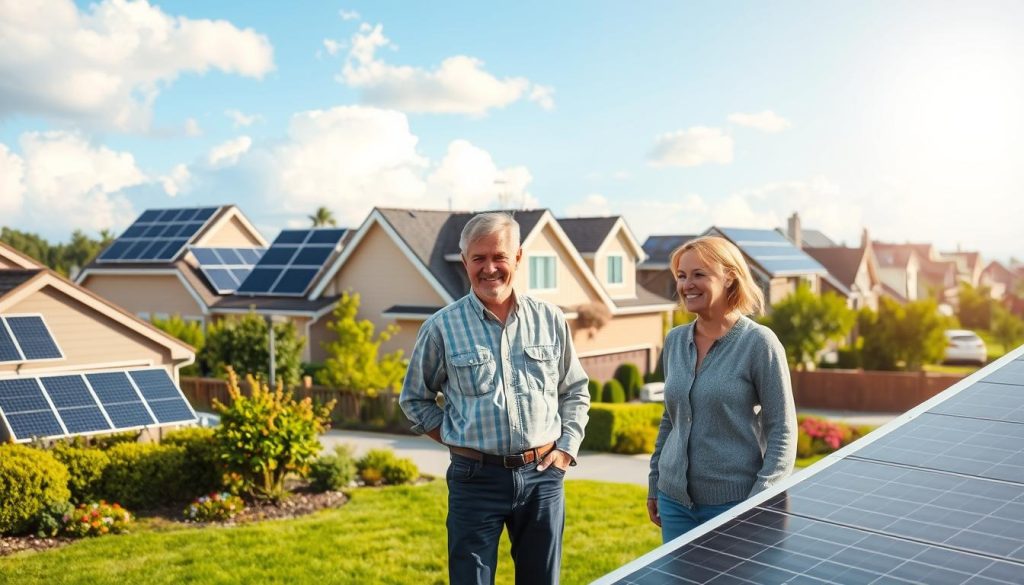 A serene residential neighborhood showcasing solar panel installations on a variety of rooftops, with a focus on satisfied homeowners standing outside their houses, discussing their experiences. In the foreground, a middle-aged couple in modest casual clothing smiles while inspecting a solar panel system, surrounded by vibrant green lawns and flower gardens. The middle ground features several houses with solar panels, highlighting the diversity in design and size. The background shows a clear blue sky with soft, fluffy clouds and a gentle sunlight illuminating the scene. The atmosphere conveys a sense of community, sustainability, and positivity, emphasizing the benefits and satisfaction of solar energy solutions. The image should be bright and inviting, portraying a hopeful future through renewable energy. A serene residential neighborhood showcasing solar panel installations on a variety of rooftops, with a focus on satisfied homeowners standing outside their houses, discussing their experiences. In the foreground, a middle-aged couple in modest casual clothing smiles while inspecting a solar panel system, surrounded by vibrant green lawns and flower gardens. The middle ground features several houses with solar panels, highlighting the diversity in design and size. The background shows a clear blue sky with soft, fluffy clouds and a gentle sunlight illuminating the scene. The atmosphere conveys a sense of community, sustainability, and positivity, emphasizing the benefits and satisfaction of solar energy solutions. The image should be bright and inviting, portraying a hopeful future through renewable energy.