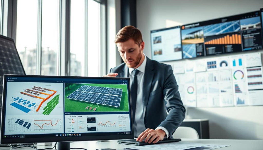 A sleek, modern workspace filled with high-tech tools for solar panel layout planning. In the foreground, a computer screen displays sophisticated software graphics for optimizing solar panel placement, with diagrams showcasing optimal surface utilization, shading analysis, and access routes. The middle ground features a technical professional in business attire, intently reviewing the designs and adjusting specifications. The background shows a wall-mounted display of solar panel installation images and data analytics dashboards. Soft, natural lighting filters through large windows, creating a productive atmosphere. The overall mood conveys professionalism and innovation in renewable energy solutions, emphasizing precision and efficiency in solar panel layout planning. A sleek, modern workspace filled with high-tech tools for solar panel layout planning. In the foreground, a computer screen displays sophisticated software graphics for optimizing solar panel placement, with diagrams showcasing optimal surface utilization, shading analysis, and access routes. The middle ground features a technical professional in business attire, intently reviewing the designs and adjusting specifications. The background shows a wall-mounted display of solar panel installation images and data analytics dashboards. Soft, natural lighting filters through large windows, creating a productive atmosphere. The overall mood conveys professionalism and innovation in renewable energy solutions, emphasizing precision and efficiency in solar panel layout planning.