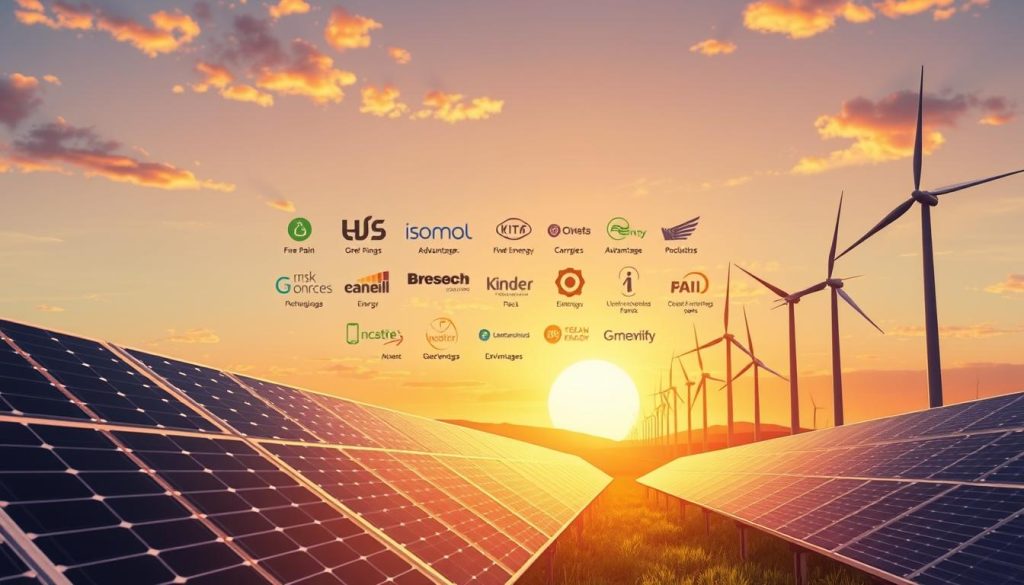 A sophisticated illustration depicting the competitive landscape of renewable energy, focusing on solar panels and wind turbines in the foreground, showcasing advanced technology. In the middle, subtle representations of various energy companies, displaying logos and their distinct advantages and disadvantages through visual contrast. The background features a vibrant sunset, symbolizing the future of green energy, with a clear sky that enhances the overall ambiance. Lighting should be warm, casting soft shadows to create depth and interest. Aerial perspective to capture the interconnected web of renewable energy sources, evoking a sense of innovation and competition. The mood is one of optimism and forward-thinking, emphasizing the importance of analyzing competition within the renewable energy sector.