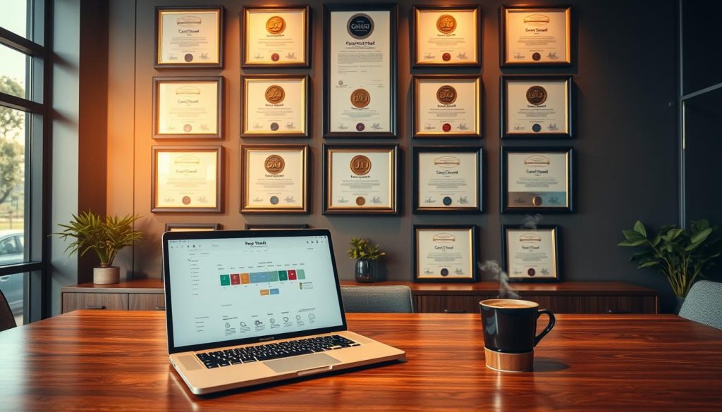 A sophisticated office environment showcasing various certificates and awards on a modern wall, symbolizing expertise and reliability. In the foreground, a polished wooden desk with a sleek laptop open to a project timeline, along with a steaming cup of coffee, suggesting active engagement in work. In the middle ground, elegantly arranged certification frames featuring gold and silver seals, showcasing excellence in various fields. The background features large windows bathed in warm, natural light, creating an inviting atmosphere that emphasizes professionalism. The mood is one of confidence and achievement, highlighting the value of skill and commitment. The scene is captured with a slightly elevated angle, allowing the viewer to focus on both the desk and the impressive certifications. A sophisticated office environment showcasing various certificates and awards on a modern wall, symbolizing expertise and reliability. In the foreground, a polished wooden desk with a sleek laptop open to a project timeline, along with a steaming cup of coffee, suggesting active engagement in work. In the middle ground, elegantly arranged certification frames featuring gold and silver seals, showcasing excellence in various fields. The background features large windows bathed in warm, natural light, creating an inviting atmosphere that emphasizes professionalism. The mood is one of confidence and achievement, highlighting the value of skill and commitment. The scene is captured with a slightly elevated angle, allowing the viewer to focus on both the desk and the impressive certifications.