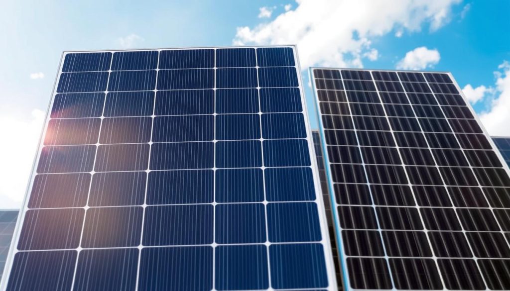 A split-image composition comparing the SunPower P6 375 solar panel with standard solar panels. On the left, showcase the SunPower P6 375, highlighted with a clear, close-up view that focuses on its sleek design, efficiency ratings, and branding details under soft sunlight. The right side displays standard solar panels with a slightly duller appearance, positioned in a slightly angled view to show their typical texture and appearance. In the background, a bright blue sky with subtle clouds enhances the overall atmosphere of clean energy and innovation. Use a wide-angle lens perspective to capture both panels in a harmonious, professional setting, evoking a mood of reliability and advancement in renewable energy technology.