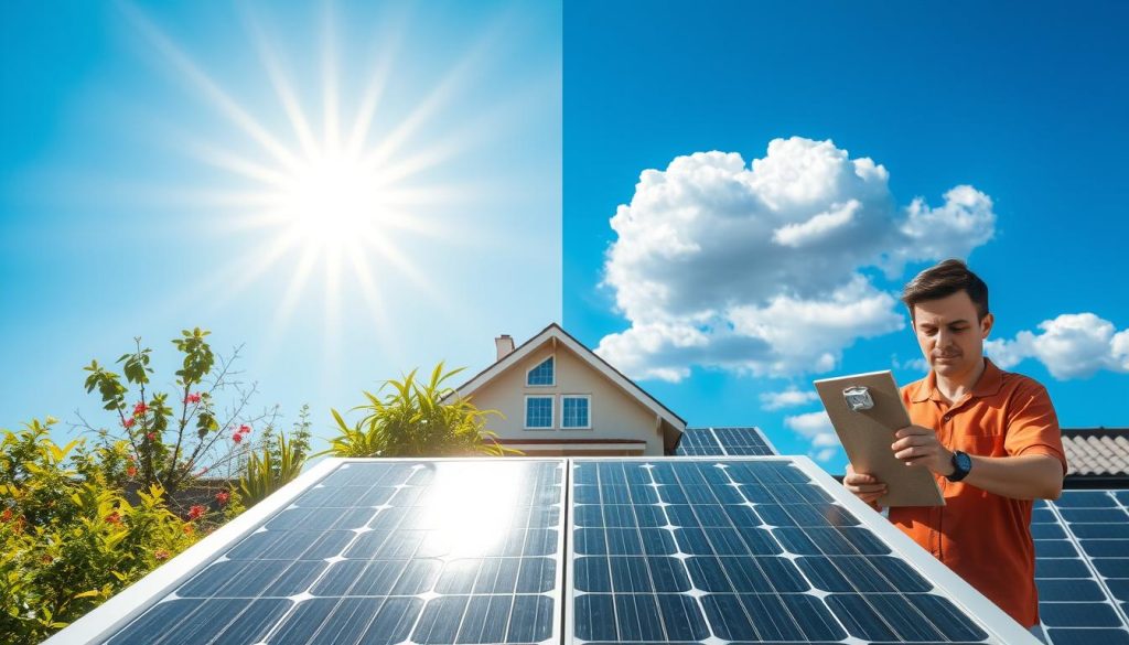 A split-scene image illustrating the advantages and disadvantages of solar thermal energy. In the foreground, a solar thermal panel gleams in bright sunlight, symbolizing efficiency and renewable energy. On one side, show vibrant elements representing advantages: a thriving garden flourishing with green plants, a sunny home emitting warmth, and smiling family members enjoying their environment in enhanced comfort. On the other side, depict the challenges with visuals of a cloudy sky, an abstract representation of installation complexity, and a frowning character examining a broken panel. The middle ground features a clear blue sky transitioning to clouds, enhancing the contrast. The lighting is bright and natural on the advantage side, while a slight shadow casts on the disadvantage side, creating a mood of reflection. Use a clean, professional photographic style with a medium angle for a balanced view.