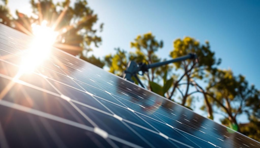 A sunlit outdoor setting showcasing a high-efficiency solar panel system, specifically the P6 375W panel, partially shaded by surrounding trees. The foreground features a close-up view of the solar panel's glossy surface reflecting sunlight, with intricate details of its silicon cells highlighted. In the middle ground, we see the solar panel's mounting system securely installed, showcasing its tilt and angle for optimal light capture. The background features partially obscured trees and clear blue sky, emphasizing the balance of shade and sunlight. The lighting is bright and warm, creating a vibrant atmosphere. The angle is slightly elevated to capture the panel's performance while demonstrating its shadow tolerance.