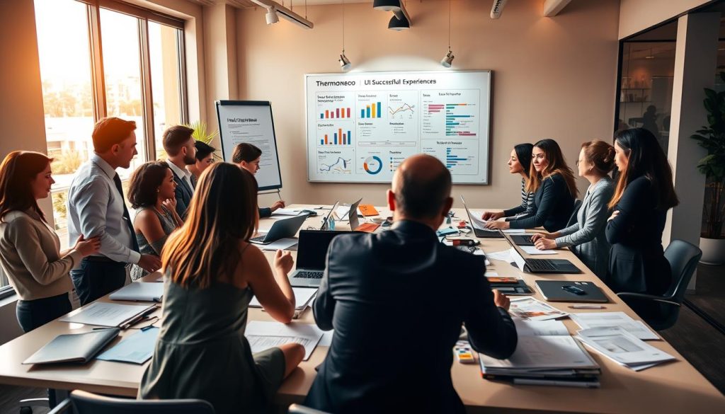 A vibrant and engaging office scene showcasing the positive aspects of customer feedback for a product called Thermoneo. In the foreground, a diverse group of professionals in business attire is collaborating over a large table littered with documents and laptops, actively discussing successful client experiences. In the middle ground, a whiteboard displays colorful graphs and key takeaways highlighting the strengths identified from customer experiences. The background features a modern office environment with large windows letting in warm natural light, creating a motivational and inviting atmosphere. Soft shadows enhance the depth, while the camera angle emphasizes the dynamic interaction between team members, achieving a warm and professional mood that reflects the theme of customer satisfaction and success.