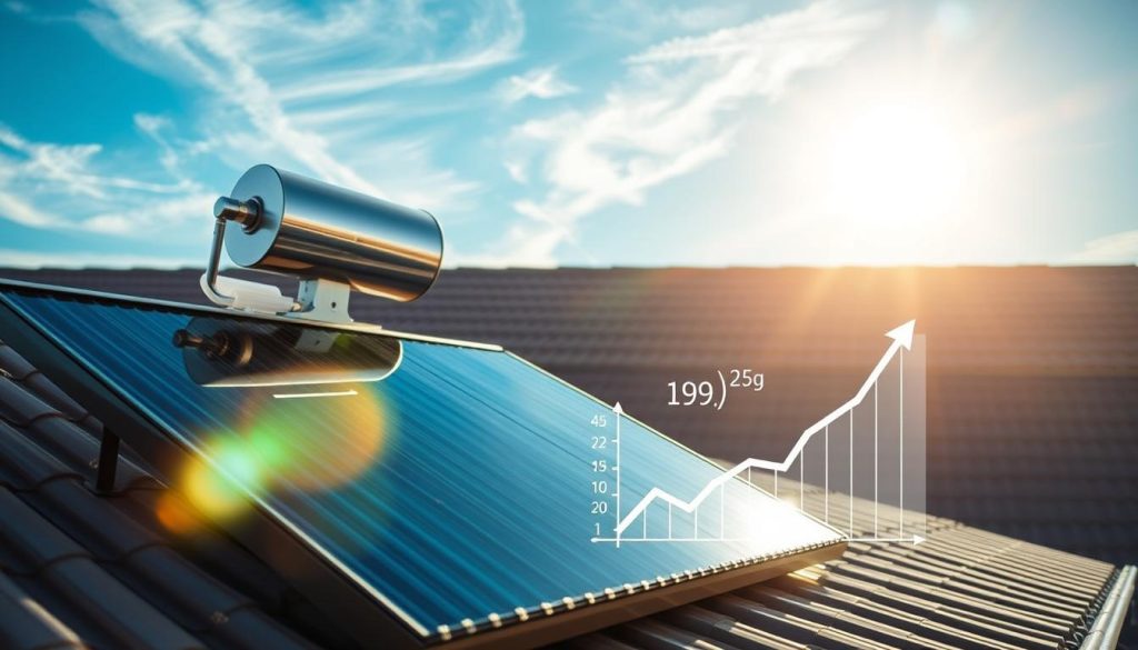 A visually striking depiction of the cost and profitability of a solar thermal installation. In the foreground, showcase a modern solar thermal collector system installed on a gently sloping rooftop, gleaming under bright sunlight. The middle ground features a graph or chart illustrating potential savings and return on investment, integrating mathematical symbols and financial icons, subtly suggesting efficiency. In the background, a clear blue sky with wispy clouds enhances the brightness of the scene. The lighting should be warm and inviting, creating a sense of optimism and sustainability. Capture this from a slightly elevated angle to encapsulate the full range of the installation and its surroundings, evoking a mood of innovation and progress in renewable energy.