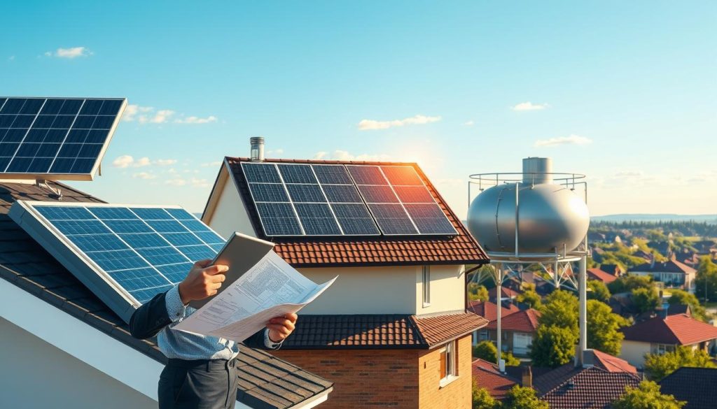 A visually striking illustration for a solar water heating guide, featuring a split view of three distinct installation setups: a solar photovoltaic (PV) system on a modern rooftop, a traditional solar thermal installation with collectors and a storage tank, and a hybrid system merging both technologies. In the foreground, include a professional consultant examining technical diagrams on a tablet, dressed in smart casual attire. The middle ground highlights the rooftops with clear blue skies and soft sunlight casting warm shadows, emphasizing innovation and sustainability. The background showcases a serene suburban neighborhood, harmonizing with green landscapes. The overall mood should be informative and encouraging, evoking a sense of clarity and choice regarding solar energy options. Ensure the lighting is bright and inviting, reflecting a positive future powered by renewable energy.