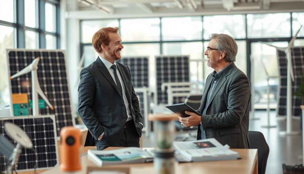 An advanced customer service center specializing in renewable energy solutions, with a focus on responsiveness and efficiency after installation. In the foreground, a friendly customer service representative in professional attire assists a satisfied customer, both engaged in a conversation. In the middle ground, various renewable energy products like solar panels and wind turbines are displayed, with informational brochures on nearby tables. The background features a modern office environment with large windows, allowing natural light to illuminate the space, creating a warm and welcoming atmosphere. The scene is captured with a slight depth of field, ensuring the foreground is in sharper focus while the background remains softly blurred, emphasizing the interaction. The overall mood conveys trust, professionalism, and a commitment to service in renewable energy.