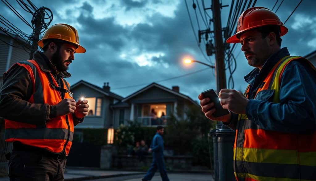 A busy urban scene depicting an emergency electrician and gas technician addressing a power outage and gas leak. In the foreground, the electrician, wearing a bright orange work vest and safety helmet, is inspecting electrical wires, while the gas technician, in blue coveralls, is checking a gas meter. The middle ground shows a residential building with flickering lights and a worried family looking out from the window. In the background, dark clouds loom, with subdued streetlights casting an ominous glow, creating a tense atmosphere. The scene is illuminated by the technicians' bright work lights, highlighting the urgency of the situation. The angle is slightly low, emphasizing the technicians’ professionalism amidst the chaos.