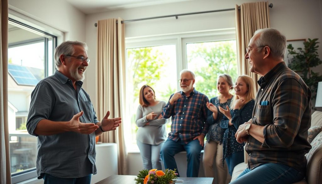 A cozy, well-lit living room featuring a diverse group of satisfied customers discussing their solar panel installations. In the foreground, a friendly middle-aged couple, dressed in modest casual clothing, are animatedly sharing their positive experiences while gesturing towards a window displaying their solar panels on the roof outside. In the middle, a diverse group of three clients, including an elderly gentleman and a young woman, is listening intently, nodding appreciatively. In the background, a bright, sunny day is captured through the window, illuminating the room and highlighting vibrant green trees outside. The overall atmosphere conveys warmth, satisfaction, and confidence in renewable energy solutions, with soft natural lighting creating a welcoming ambiance.
