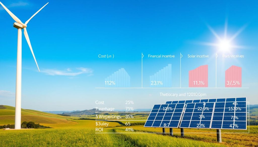 A detailed infographic illustrating the costs and returns associated with wind and solar energy installation. In the foreground, a modern wind turbine stands tall, its blades spinning gracefully against a vibrant blue sky. Beside it, a sleek solar panel array captures sunlight, reflecting a gleam of light. In the middle ground, a comparison chart displays graphs showing costs, financial incentives, and ROI in a clear, visually appealing layout. The background features a serene landscape with rolling hills and fields, symbolizing sustainability. Soft natural lighting enhances the scene, casting gentle shadows. The mood is informative yet optimistic, portraying the potential financial benefits of renewable energy investments while maintaining a professional tone throughout.