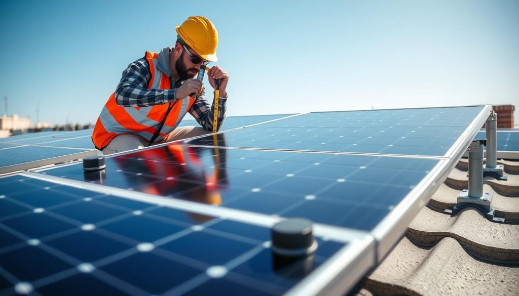 A flat roof installation showcasing solar panels positioned at an optimal incline for maximum sunlight exposure. In the foreground, the panels are securely fastened with weights, emphasizing stability and efficient energy production. The middle ground features a professional inspecting the installation, dressed in a safety helmet and work attire, using a measuring tool to adjust the angle of the panels. In the background, a clear blue sky enhances the lighting, highlighting the solar panels' reflective surfaces. The scene conveys a sense of innovation and professionalism, with vibrant colors representing a bright, sunny day. The perspective is slightly elevated to capture both the detailed mechanics of the mounting system and the overarching roof landscape.