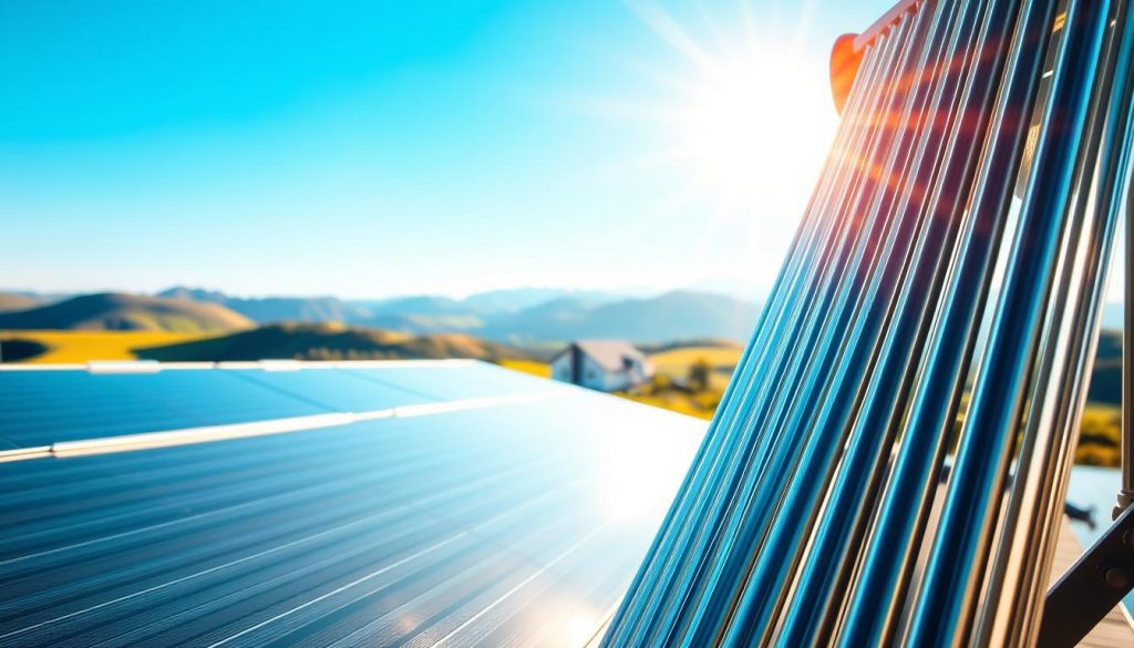 A high-quality illustration of thermal solar collectors, featuring both flat plate and evacuated tube designs. In the foreground, showcase a detailed close-up of the flat plate collector, highlighting its sleek, reflective surface. Adjacent to it, depict the cylindrical form of the evacuated tube collector, emphasizing the glass tubes' intricate design and insulation. In the middle ground, include a solar installation set against a bright blue sky, with sunlight glimmering off the collectors. The background should display rolling hills and a modern home subtly integrated into the landscape. Use natural lighting to create a vibrant atmosphere, capturing the efficiency and innovation of solar energy systems. The scene should evoke a sense of sustainability and technological advancement.