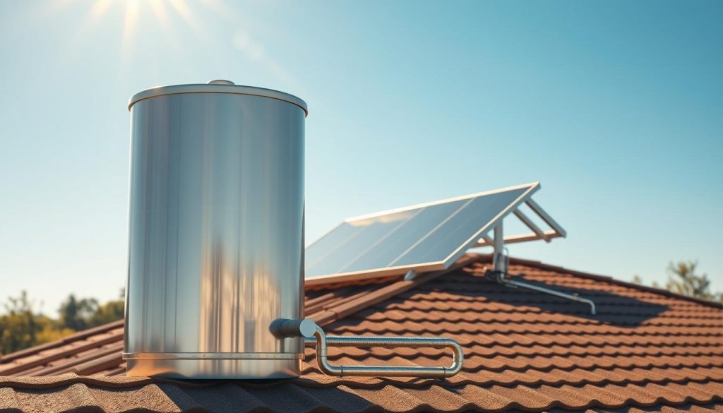 A highly detailed illustration of a solar hot water storage tank, prominently showcased in the foreground. The tank is sleek, cylindrical, and designed for efficiency, featuring an outer casing that reflects sunlight. In the middle of the image, depict a sunlit rooftop with solar thermal panels angled to capture maximum sunlight, connected to the storage tank via pipes. The background should showcase a clear blue sky and distant trees for a natural environment. Use warm, bright lighting to emphasize a sense of innovation and sustainability. Capture the scene from a slightly elevated angle to provide depth and context, creating a clean and modern atmosphere without any distractions, ensuring no text or logos are present.