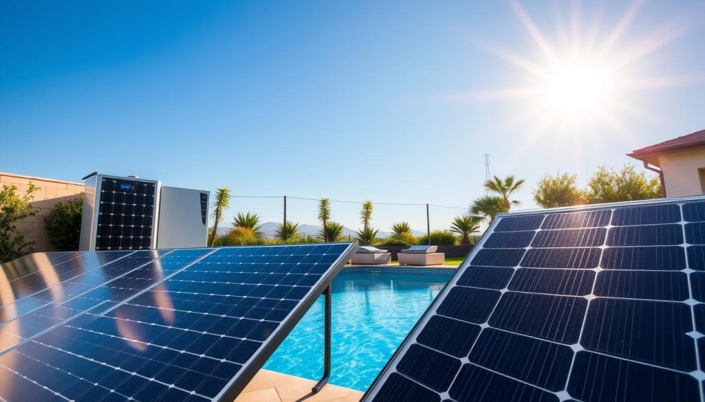 A modern backyard scene showcasing a solar energy system featuring photovoltaic panels and a heat pump for a swimming pool. In the foreground, neatly arranged solar panels reflect sunlight, highlighting their sleek, dark surfaces. To the side, an efficient-looking heat pump is integrated with the pool area, its digital display glowing softly. The middle ground captures a sparkling swimming pool with clear water under a blue sky, surrounded by lush greenery and tasteful landscaping. In the background, a bright sun casts warm, inviting light across the scene, enhancing the serene atmosphere. The composition should evoke a sense of innovation and eco-friendliness, ideal for a tech-savvy homeowner. Use a wide-angle lens to capture the entire setup harmoniously.