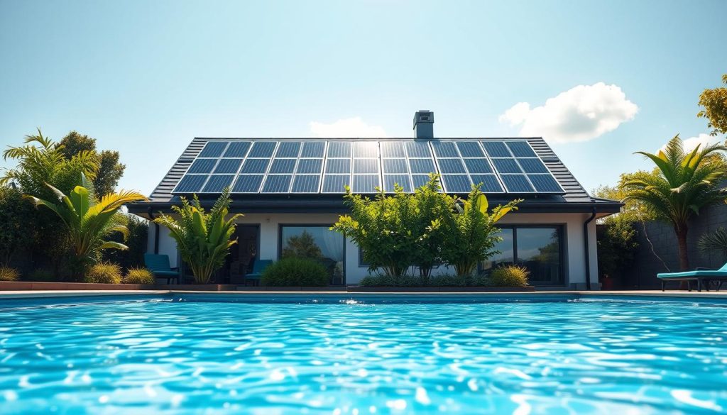 A modern backyard showcasing a luxurious swimming pool, with sleek solar thermal panels installed on the roof of the nearby house. In the foreground, the shimmering surface of the pool reflects the bright sunlight, creating a serene atmosphere. The middle section features the solar panels, prominently angled to absorb sunlight, with minimalistic design and a dark finish, contrasting with the vibrant greenery surrounding the pool. In the background, a clear blue sky enhances the scene, with a few fluffy clouds drifting by. The image is lit with soft, natural lighting, emphasizing the warmth of a sunny day. The mood is inviting and eco-friendly, conveying a sense of relaxation and sustainable living.