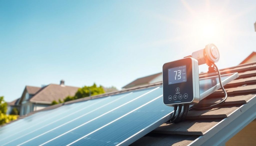 A modern, efficiently designed solar water heater system is prominently displayed in the foreground, showcasing sleek solar panels mounted on a sloped roof under clear blue skies. In the middle ground, a smart thermostat with an interactive display is wired to the system, illustrating the automation of the electric water heater. The background features a sunny suburban neighborhood, with lush greenery and flower beds, suggesting a sustainable lifestyle. The lighting is bright and inviting, highlighting the solar panels' reflective surfaces, while a lens flare adds warmth to the scene. The mood is optimistic and innovative, emphasizing the integration of technology for energy efficiency. The composition should convey a sense of harmony with nature and advanced technology working together.