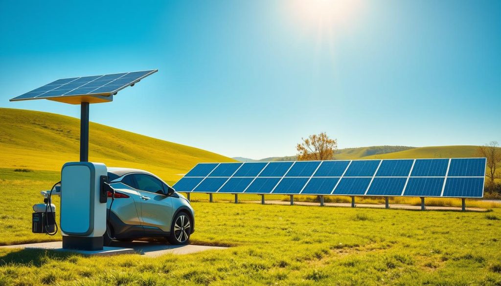 A modern electric vehicle charging station powered by solar energy, situated in a lush green landscape. In the foreground, there's a sleek electric car plugged into a stylish charging unit with solar panels mounted above, absorbing sunlight. The middle ground features a row of vibrant solar panels strategically angled to capture maximum sunlight, while a clear blue sky enhances the serene atmosphere. In the background, gentle hills and a few trees give a tranquil feel, illustrating a sustainable future. The lighting is warm and inviting, with soft sunlight casting gentle shadows, creating a sense of peace and harmony with nature. The image captures the essence of eco-friendly technology and innovation in electric vehicle charging.