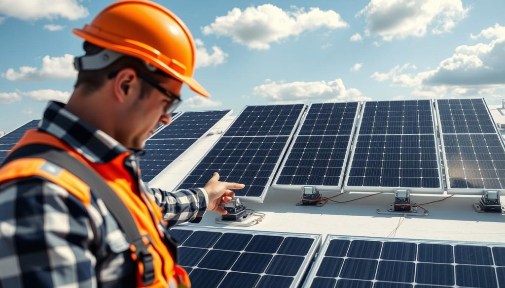 A modern flat roof showcasing several solar panels installed securely, with clearly visible mounting methods and ballast systems. In the foreground, a professional technician in a hard hat and safety gear examines the panels, pointing at a specific mounting bracket. The middle ground features various solar panel orientations for optimal sunlight exposure, with a focus on the sleek design. In the background, a bright blue sky with a few fluffy clouds enhances the scene. The lighting is natural, with soft shadows cast by the panels, creating an inviting yet professional atmosphere. The angle captures the rooftop from a slightly elevated perspective, emphasizing the methodical installation process of solar panels on a flat terrace.