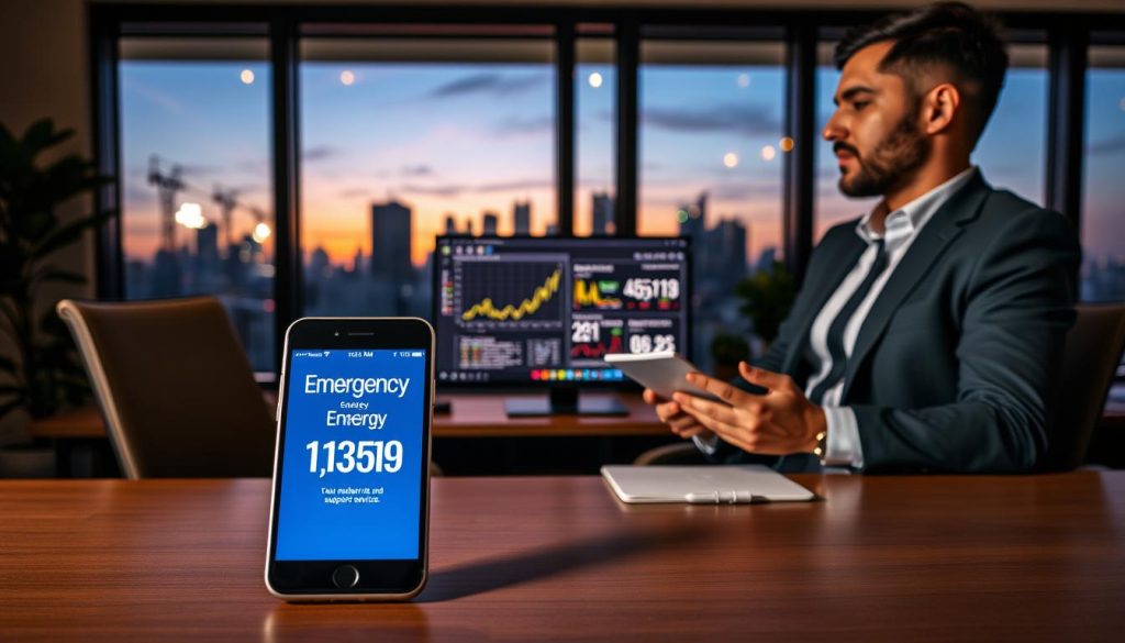 A modern office environment focused on emergency energy services, featuring a professional male and female in business attire discussing important information. In the foreground, a sleek desk with a glowing smartphone displaying the "emergency energy numbers" on the screen, casting a soft light. In the middle, a computer monitor shows data visuals related to energy disruptions and support services. The background features a window with a city skyline at dusk, capturing an urgent yet hopeful atmosphere, illuminated by warm indoor lighting. The composition should have a slightly elevated angle for a dynamic view, conveying a sense of importance and readiness. The overall mood is serious yet professional, emphasizing urgency and reliability in energy service response.