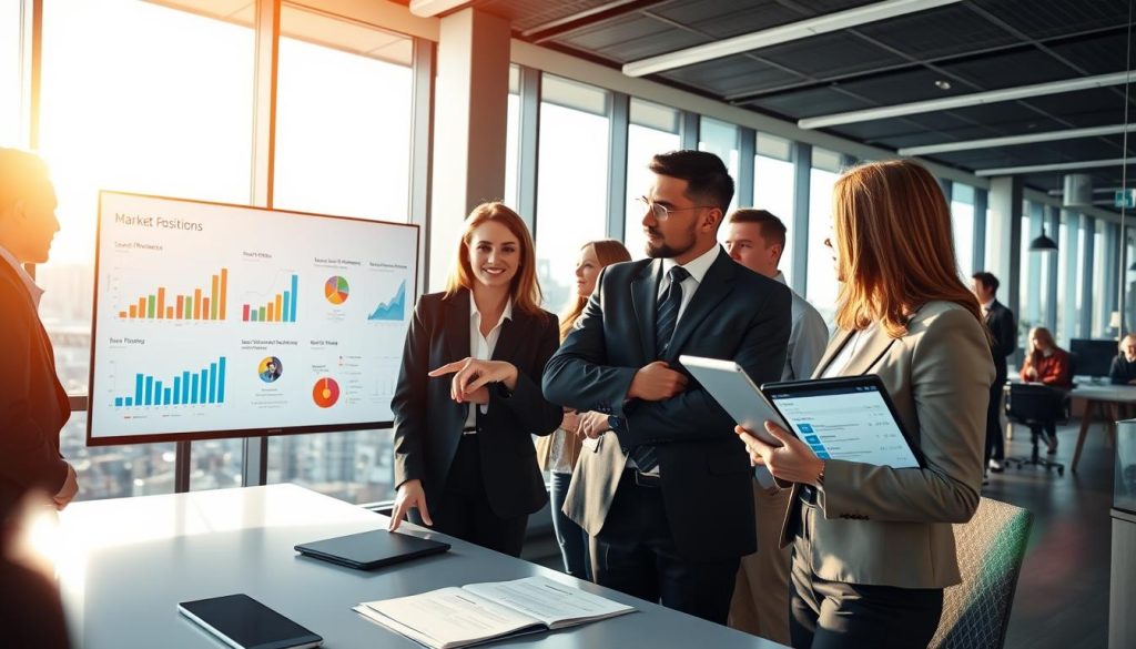 A modern office setting showcasing a diverse group of professionals engaged in a collaborative discussion about market positioning and user feedback. In the foreground, a businesswoman in smart attire points at a digital tablet displaying user reviews, while a businessman beside her nods in agreement. The middle ground features a large screen with colorful graphs and charts analyzing market trends and user satisfaction. In the background, a sleek cityscape is visible through large glass windows, with warm afternoon sunlight flooding the room, creating an inviting atmosphere. The composition is framed with a slight angle to enhance depth, capturing the essence of teamwork and strategic planning in a corporate environment.
