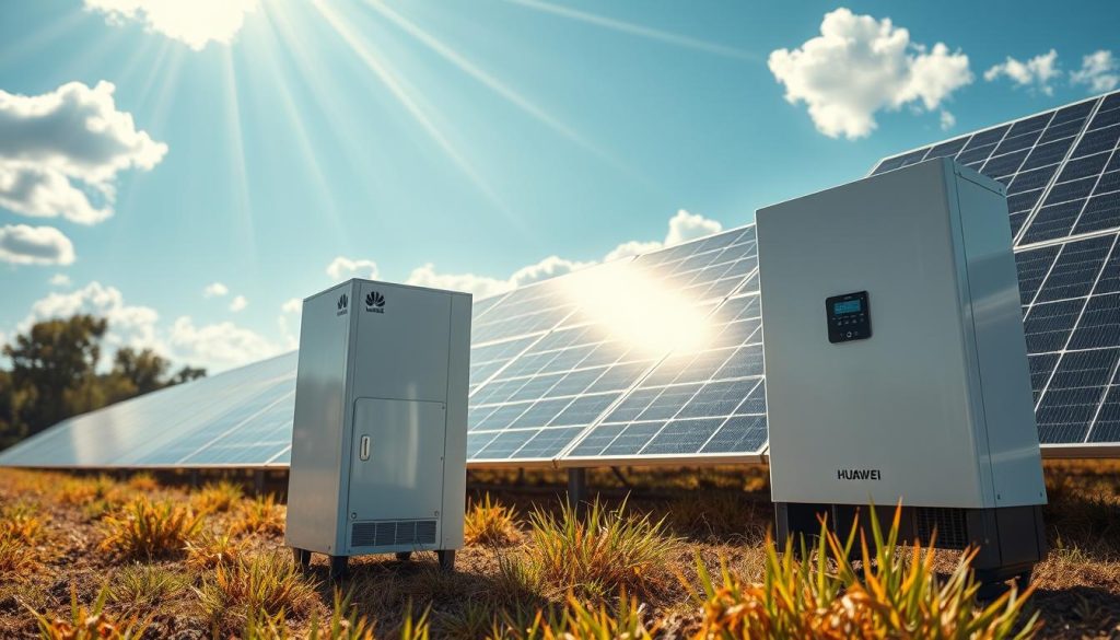 A modern solar energy system showcasing Huawei inverters and optimizers, positioned prominently in the foreground with sleek, high-tech designs. The inverters feature a glossy white finish, illuminated by soft, natural sunlight to emphasize their features. In the middle ground, rays of sunlight filter through photovoltaic panels, highlighting their efficiency and innovative technology. The background features a clear blue sky with fluffy clouds, representing a bright and sustainable future. The overall atmosphere is one of professionalism and innovation, with a warm and optimistic mood. The image is shot from a low angle to give a sense of grandeur, with a shallow depth of field to focus attention on the inverters and optimizers, while maintaining a serene rural landscape.