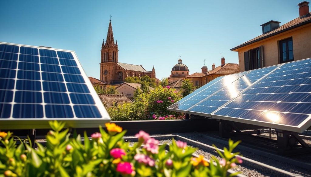 A picturesque view of a modern solar panel installation on a residential rooftop in Albi, framed by the charming architecture of the town. In the foreground, vividly detailed solar panels gleam under bright sunlight, showcasing their efficiency. The middle ground features a lush, green garden with vibrant flowers, symbolizing the environmental benefits of solar energy. In the background, the iconic Albi Cathedral rises against a clear blue sky, adding a sense of place. The scene is illuminated with warm, natural lighting, casting soft shadows and creating a serene atmosphere. The angle is slightly elevated, providing a comprehensive view of the installation's integration with the environment, highlighting its sustainability. No people are present, ensuring a focus on the solar installation and its benefits.