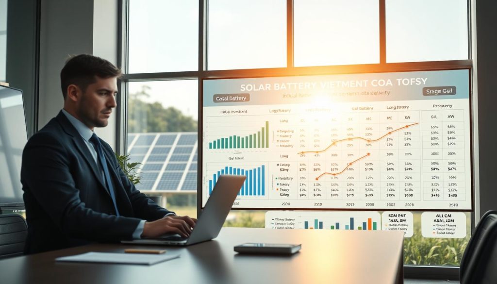 A professional office environment illustrating a detailed analysis of solar battery investment costs. In the foreground, a businessperson in formal attire is intently focused on a laptop, surrounded by charts and graphs showing initial investment versus long-term profitability of lithium versus gel batteries. In the middle ground, a large digital display showcases a complex cost analysis of different battery types, illuminated by soft, warm lighting that creates an inviting atmosphere. The background features a large window with a sunny view of solar panels outside, casting natural light into the room. Capture the mood of diligence and strategic planning in a contemporary workspace, with a focus on clarity and professionalism in all visual elements.