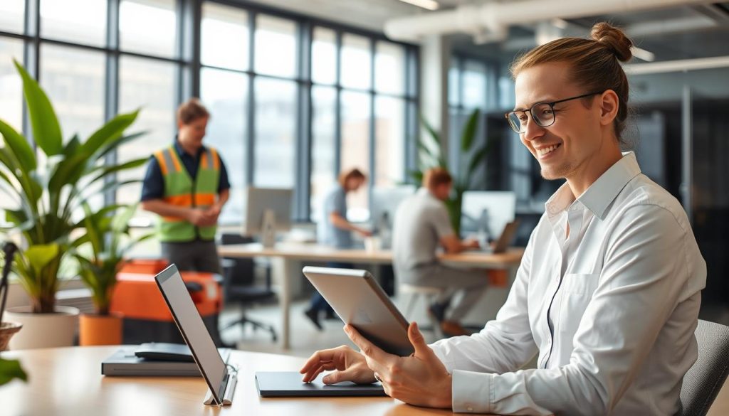 A professional service after-sales and maintenance scene in a modern office setting. In the foreground, a friendly customer service representative, dressed in professional attire, is seated at a desk, engaging with a client over a digital tablet. In the middle ground, a maintenance technician in casual, neat clothing is shown inspecting equipment, while another employee collaborates with a team member at a computer. The background features sleek office decor, including green plants and large windows allowing natural light to flood the space. The atmosphere conveys professionalism and reliability, highlighting the importance of customer support and maintenance service. The lighting is bright and warm, creating an inviting ambiance, captured from a slightly elevated angle for a comprehensive view of the interaction.
