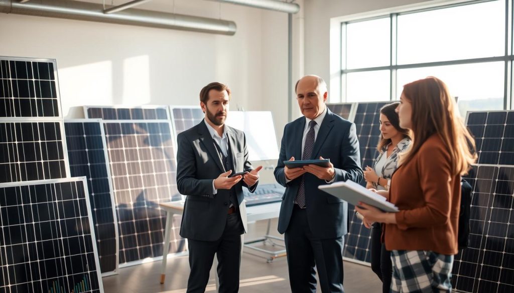 A professional setting showcasing a diverse group of users discussing solar inverter experiences, surrounded by various solar panels in a clean, modern environment. In the foreground, a middle-aged man in a business suit passionately gestures while another person, a woman in smart casual attire, takes notes on a tablet. In the middle ground, a well-organized table displays technical charts and graphs about solar inverter performance. The background features a large window with soft, natural sunlight flooding in, illuminating the room and casting gentle shadows. The atmosphere is collaborative and informative, reflecting a gathering of users and experts sharing their insights on Huawei solar inverters. Shot with a slight wide-angle lens to capture the full setting, creating a sense of open dialogue.