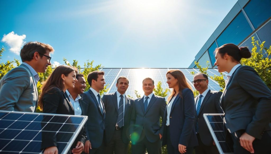 A professional setting showcasing partnerships in solar panel manufacturing with an emphasis on quality. In the foreground, a diverse group of business professionals in formal attire, engaged in discussion, surrounded by high-quality solar panels. The middle ground features clean, modern solar panels installed on a sleek building, reflecting sunlight with a vibrant blue sky above. In the background, lush greenery symbolizes sustainability and eco-friendliness. The lighting is bright and natural, capturing the essence of solar energy. The composition is dynamic, with a slight angle from a low viewpoint to emphasize the importance of partnerships. The mood is optimistic and focused, highlighting collaboration and innovation in renewable energy solutions.