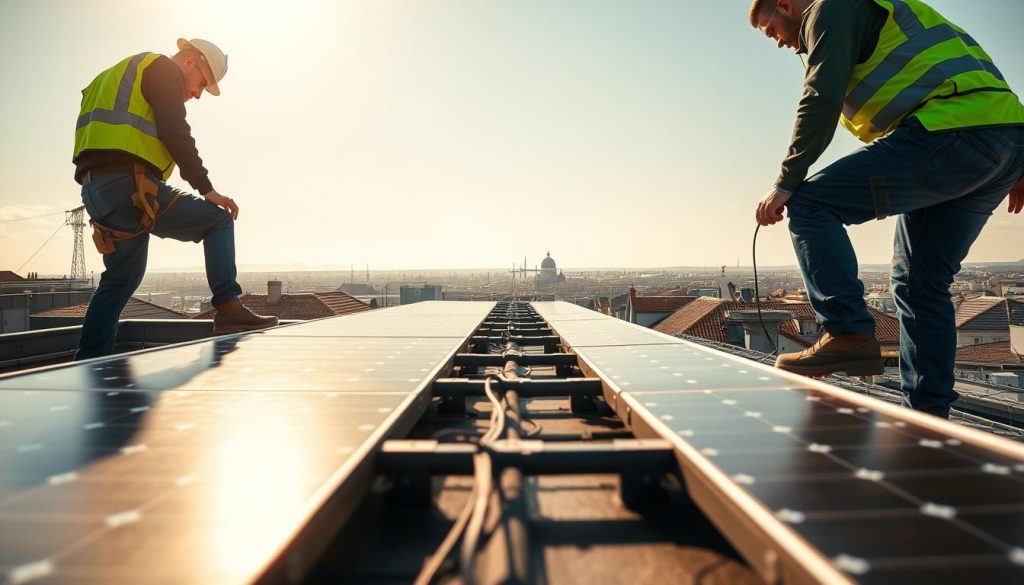 A professional solar installation team working on a rooftop in Lyon, showcasing a clear, step-by-step approach to a solar panel installation process. In the foreground, two technicians in professional work attire are carefully positioning solar panels on a bright, sunny day. The middle features a detailed view of the mounting systems and wiring, emphasizing the precision and technology involved. In the background, a panoramic view of the scenic Lyon skyline and its distinctive architecture, bathed in warm sunlight, enhances the setting. Soft, natural lighting creates an inviting atmosphere, while a slightly elevated angle captures the comprehensive scene without distractions. The overall mood is informative and optimistic, highlighting innovation and sustainability.