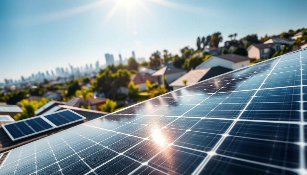 A residential area featuring sleek, modern photovoltaic modules installed on various rooftops under a bright blue sky. In the foreground, focus on an up-close view of high-efficiency solar panels with intricate details, showcasing the glossy surface and grid pattern. In the middle ground, vibrant green trees and landscaped gardens surround the homes, enhancing the eco-friendly atmosphere. The background reveals a city skyline, subtly blurred to emphasize the technology in the foreground. Soft sunlight filters through the scene, creating a warm and inviting glow, highlighting the reliability and innovation of Sharp's technology in solar energy. The overall mood is optimistic and forward-looking, reflecting a sustainable future powered by clean energy.