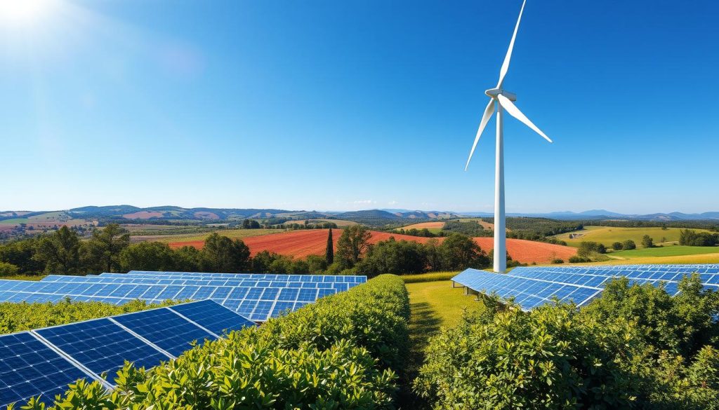 A serene landscape showcasing the environmental impact of wind and solar energy. In the foreground, a sleek and modern wind turbine stands tall, its blades elegantly spinning against a clear blue sky. Nearby, rows of vibrant solar panels glisten brightly in the sunlight. The middle ground features a diverse array of lush green plants and trees, emphasizing the positive environmental footprint. In the background, distant rolling hills provide a harmonious backdrop, illustrating the integration of renewable energy into nature. The lighting is bright and optimistic, casting soft shadows that enhance the natural beauty of the scene. Utilize a slightly elevated angle to capture the full scope of the landscape, conveying a sense of hope and sustainability in energy production. The overall atmosphere is peaceful and inspiring, reflecting innovation in renewable energy.