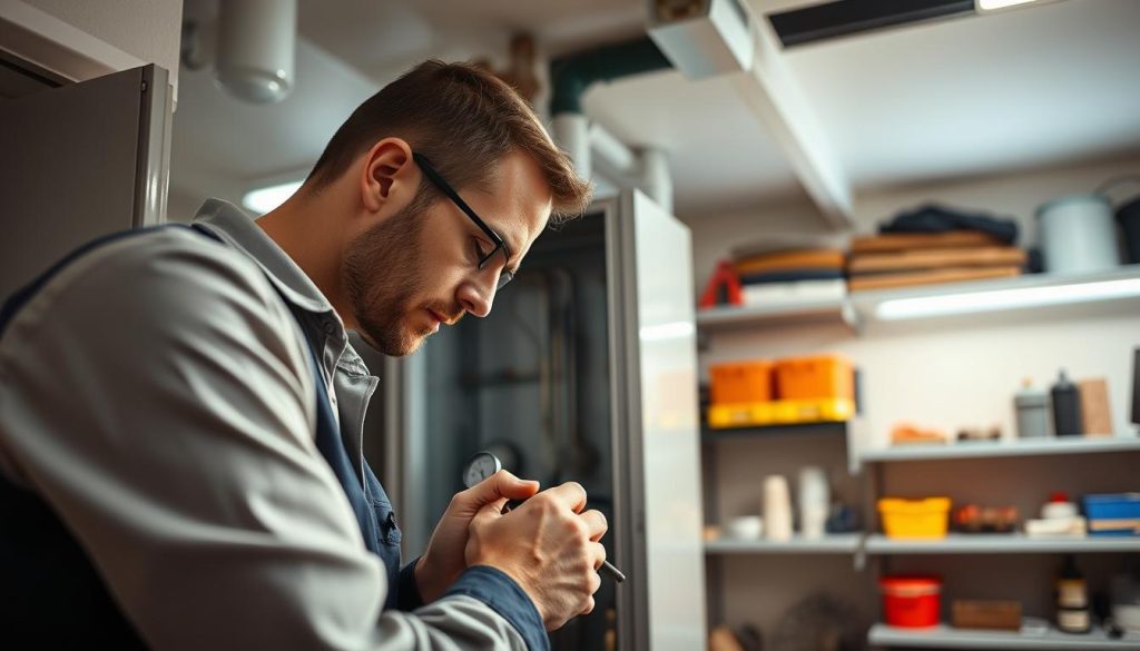 A skilled technician in professional attire, focused on repairing a modern gas boiler, stands in the foreground of a well-lit residential utility room. The technician is using precision tools, examining the gas lines with a focused expression. In the middle ground, a clean and organized boiler unit is showcased, with visible gauges and pipes, emphasizing the expertise involved in gas boiler maintenance. The background features a tidy workshop environment, with shelves containing spare parts and tools, illuminated by soft overhead lighting, creating a professional atmosphere. The camera angle is slightly angled from above, capturing both the technician's detailed work and the intricate components of the boiler. The mood is determined and professional, reflecting the reliability and expertise of Macé & Frogé in gas boiler repair. A skilled technician in professional attire, focused on repairing a modern gas boiler, stands in the foreground of a well-lit residential utility room. The technician is using precision tools, examining the gas lines with a focused expression. In the middle ground, a clean and organized boiler unit is showcased, with visible gauges and pipes, emphasizing the expertise involved in gas boiler maintenance. The background features a tidy workshop environment, with shelves containing spare parts and tools, illuminated by soft overhead lighting, creating a professional atmosphere. The camera angle is slightly angled from above, capturing both the technician's detailed work and the intricate components of the boiler. The mood is determined and professional, reflecting the reliability and expertise of Macé & Frogé in gas boiler repair.