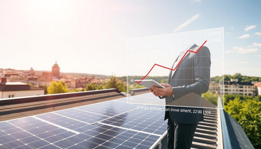 A vibrant, informative scene illustrating photovoltaic investment profitability. In the foreground, a modern rooftop equipped with solar panels glistens under a bright, sunny sky. A financial analyst, dressed in professional business attire, is analyzing data on a digital tablet. The middle ground shows a detailed graph overlay of energy production and return on investment projections. In the background, the picturesque skyline of Albi, with its historic buildings and lush greenery, provides context. The lighting is bright and optimistic, highlighting the potential of renewable energy. The image has a professional and analytical atmosphere, inviting viewers to consider the benefits of photovoltaic investments.