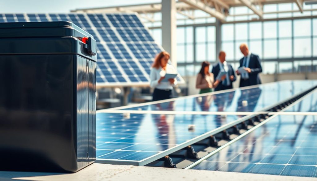 A visually striking image showcasing various professional applications of solar battery systems, specifically lithium and gel batteries, in a modern work environment. In the foreground, a close-up of a sleek, high-capacity lithium battery prominently displayed, highlighting its advanced technology design. In the middle ground, several solar panels installed on a commercial building roof, with bright sunlight creating dynamic reflections on the surfaces. The background features a team of professionals in smart business attire, analyzing data on tablets related to energy projects. The scene is well-lit with natural sunlight spilling into the office space, creating a positive and innovative atmosphere. Capture this moment from a slightly elevated angle to provide depth, emphasizing the integration of technology into professional energy solutions.