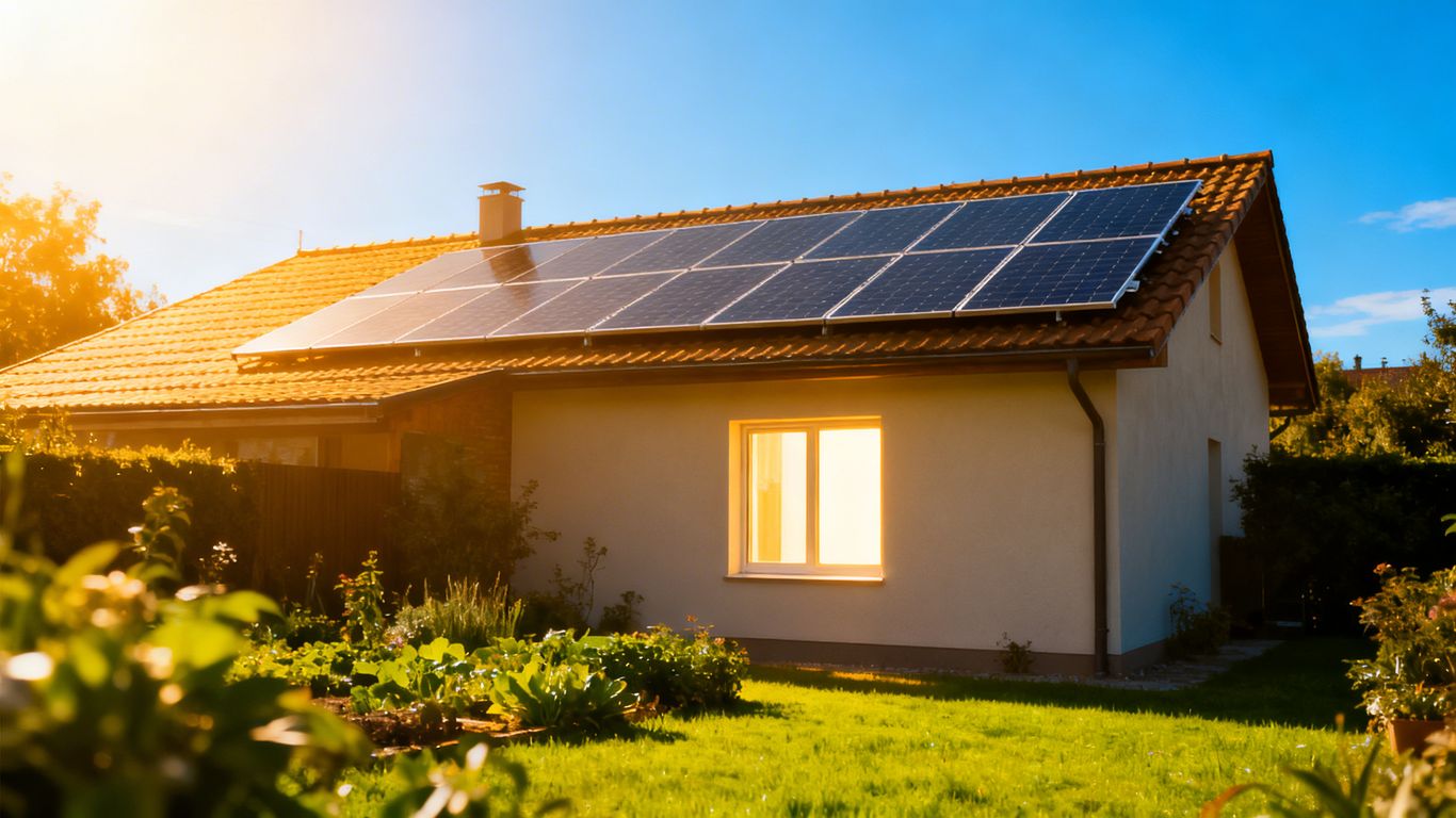 Panneaux solaires sur un toit avec une maison et un jardin.