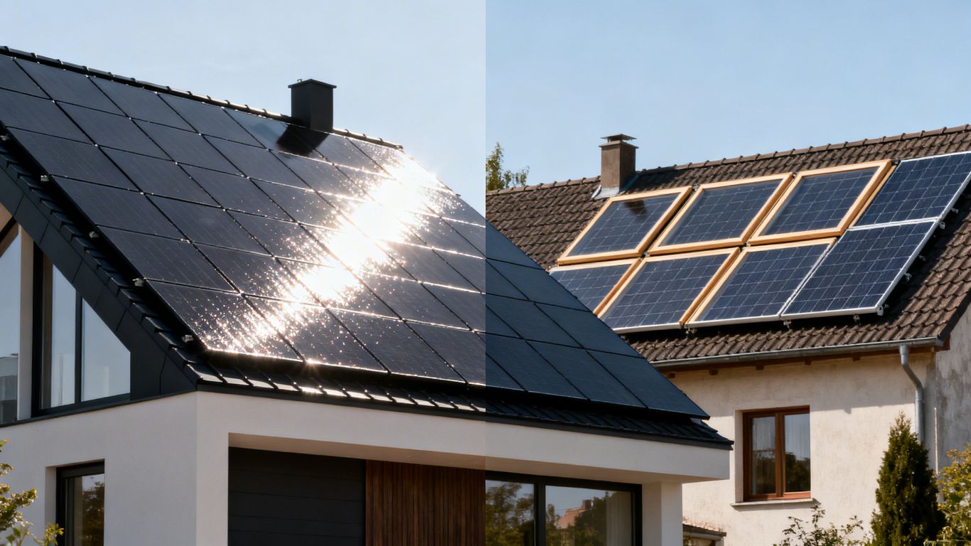 Tuiles solaires comparées aux panneaux solaires traditionnels sur des toits.