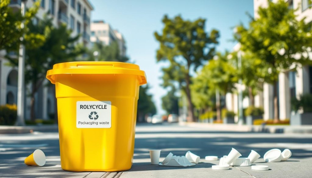 A bright yellow recycling bin made of polystyrene, prominently displayed in a clean and organized urban environment. In the foreground, the bin is centered, showcasing its smooth texture and vibrant color, with a clear label indicating it is designated for packaging waste. The middle ground features scattered polystyrene packaging materials, like cups and trays, emphasizing the bin's purpose. In the background, a well-maintained street with green trees and clear blue skies creates a serene atmosphere. Soft, natural lighting casts gentle shadows, enhancing the bin's contours. The scene conveys a sense of environmental responsibility and cleanliness, inviting viewers to consider proper recycling practices. A bright yellow recycling bin made of polystyrene, prominently displayed in a clean and organized urban environment. In the foreground, the bin is centered, showcasing its smooth texture and vibrant color, with a clear label indicating it is designated for packaging waste. The middle ground features scattered polystyrene packaging materials, like cups and trays, emphasizing the bin's purpose. In the background, a well-maintained street with green trees and clear blue skies creates a serene atmosphere. Soft, natural lighting casts gentle shadows, enhancing the bin's contours. The scene conveys a sense of environmental responsibility and cleanliness, inviting viewers to consider proper recycling practices.